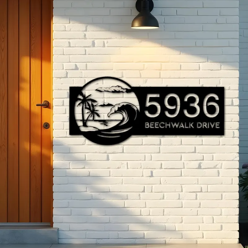 Custom Metal Waves palm tree Metal Address Sign, House number, Outdoor Number Signage, Yard Sign Address Plate