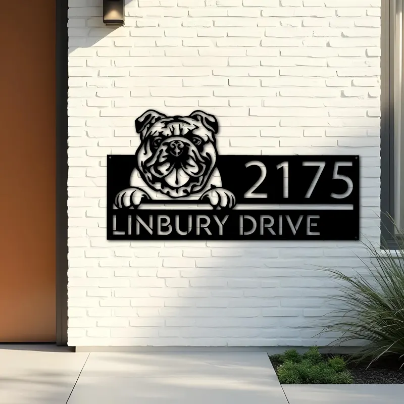 Custom Metal English Bulldog dog Puppy Metal Address Sign House number Hanging Address Plaque Yard Sign Outdoor decor