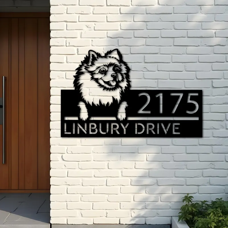 Custom Metal Pomeranian dog Puppy Metal Address Sign House number Hanging Address Plaque Yard Sign Outdoor decor