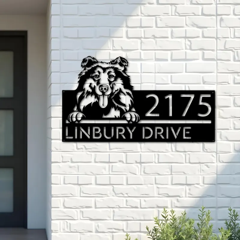 Custom Metal Collie dog Puppy Metal Address Sign House number Hanging Address Plaque Yard Sign Outdoor decor
