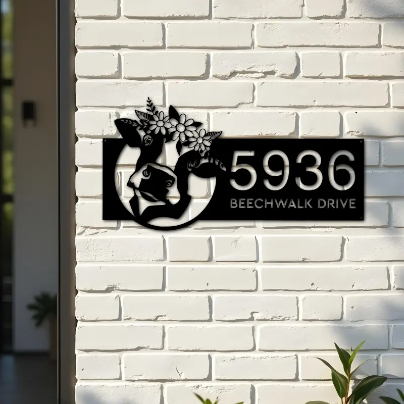 Custom Metal Floral Cow Ranch farmhouse farm animal Metal Address Sign, House number, Outdoor Number Signage, Yard Sign Address Plate