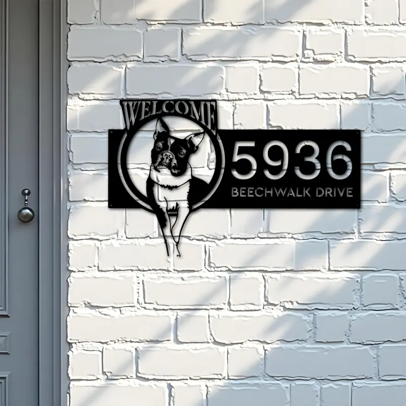 Custom Metal Boston Terrier dog welcome Metal Address Sign, House number, Outdoor Number Signage, Yard Sign Address Plate