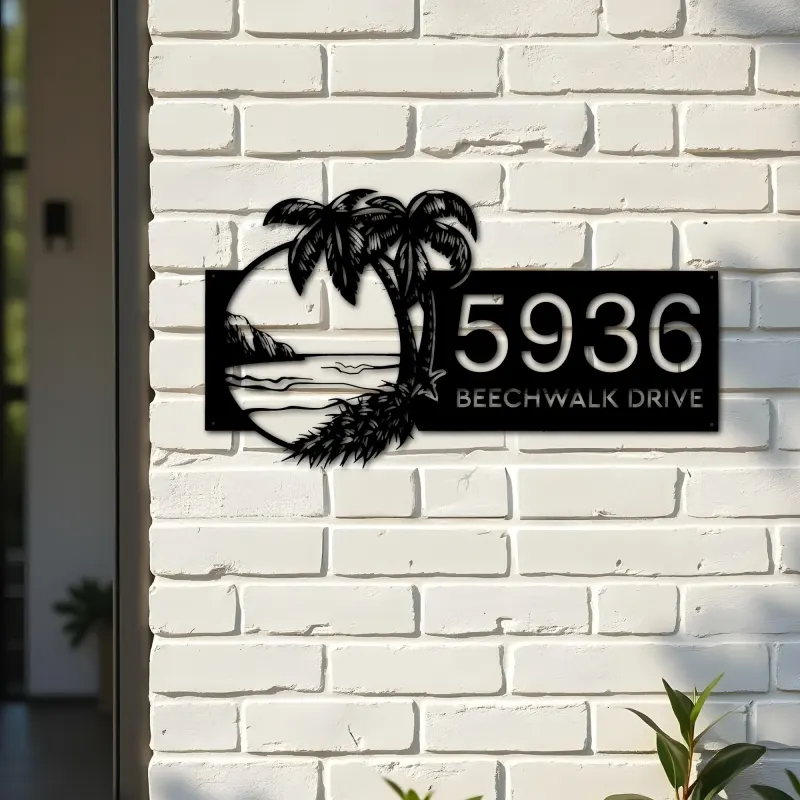 Custom Metal Island Beach Scene Palm Tree Metal Address Sign, House number, Outdoor Number Signage, Yard Sign Address Plate