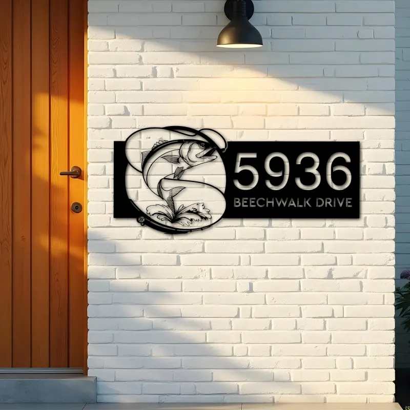 Custom Metal Bluefish fishing rod bait hook Metal Address Sign, House number, Outdoor Number Signage, Yard Sign Address Plate