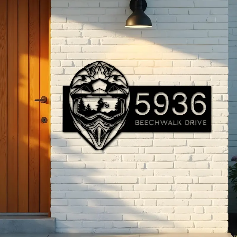 Custom Metal Helmet motocross biker Metal Address Sign, House number, Outdoor Number Signage, Yard Sign Address Plate
