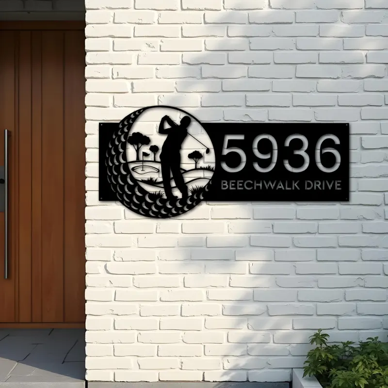 Custom Metal Golfer Golf Club Metal Address Sign, House number, Outdoor Number Signage, Yard Sign Address Plate