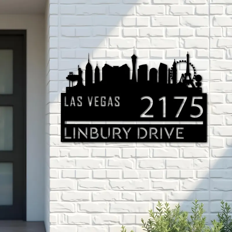 Custom Metal Las Vegas city skyline Metal Address Sign Hanging Address Plaque house number Yard Outdoor Sign