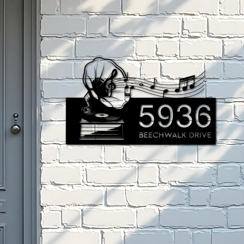 Custom Metal Gramophone retro record music Metal Address Sign Custom House number Hanging Address Plaque Yard Sign Outdoor