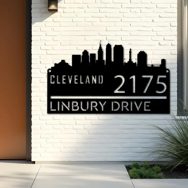 Custom Metal Cleveland city skyline Metal Address Sign Hanging Address Plaque house number Yard Outdoor Sign