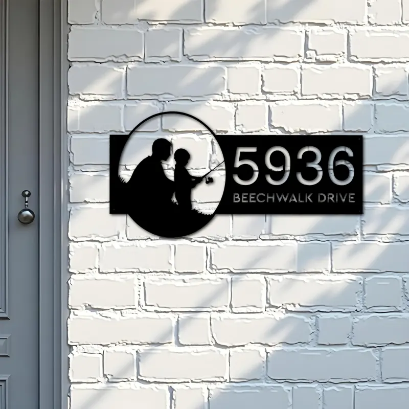 Custom Metal Father and son fishing Metal Address Sign, House number, Outdoor Number Signage, Yard Sign Address Plate