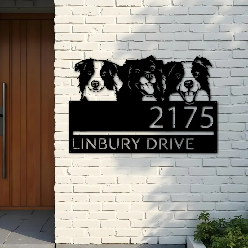 Custom Metal Peeking dogs border collie Metal Address Sign, House number, Outdoor Number Signage, Yard Sign Address Plate