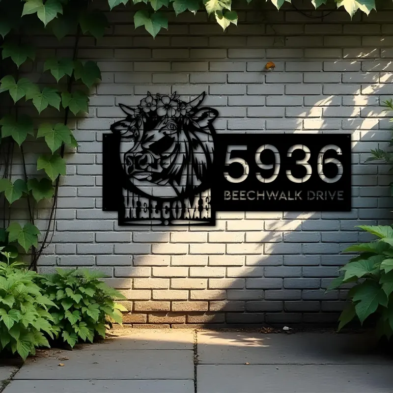 Custom Metal Cow Farm house Ranch welcome Metal Address Sign, House number, Outdoor Number Signage, Yard Sign Address Plate