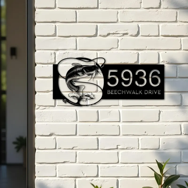 Custom Metal Catfish fishing rod bait hook Metal Address Sign, House number, Outdoor Number Signage, Yard Sign Address Plate