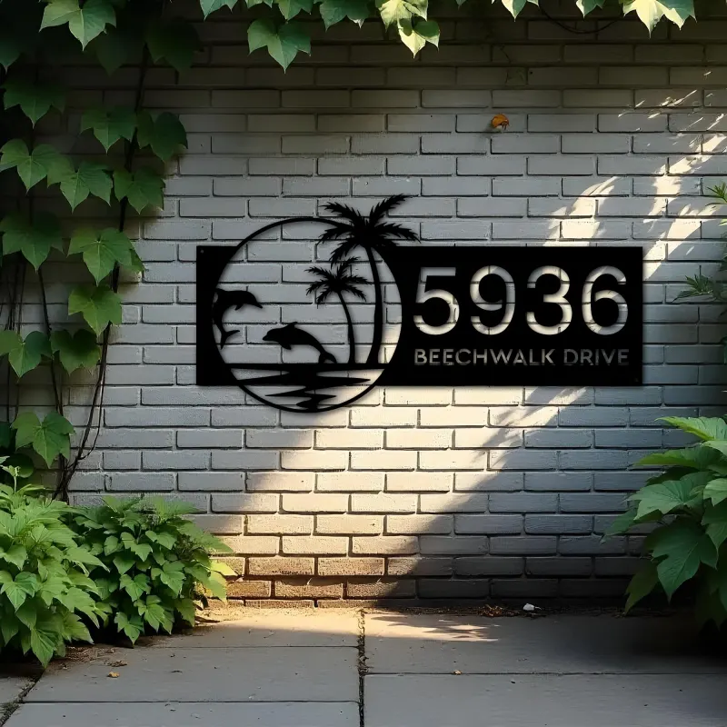 Custom Metal Dolphins Palm trees Metal Address Sign, House number, Outdoor Number Signage, Yard Sign Address Plate