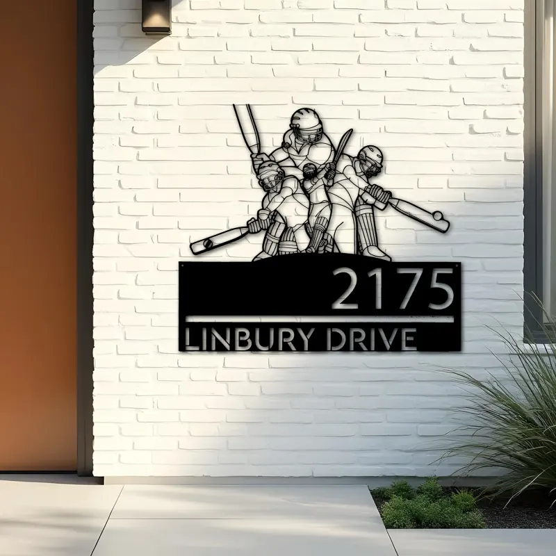 Custom Metal Cricket player sport Metal Address Sign, House number, Outdoor Number Signage, Yard Sign Address Plate
