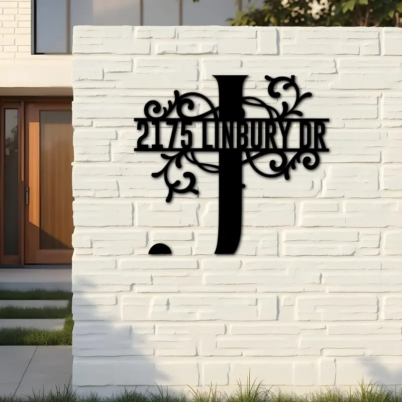 Custom Metal Floral Monogram Split Letter J Metal Address Sign House number Hanging Address Plaque Yard Sign Outdoor decor