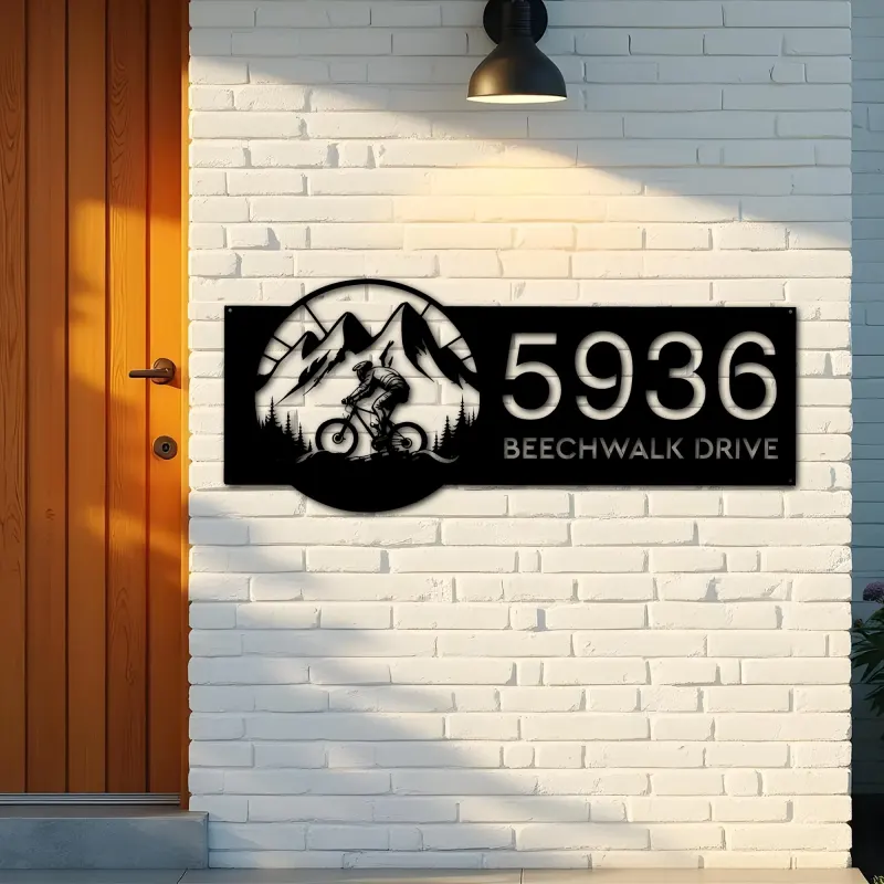 Custom Metal Mountain biker Bicycle rider MTB Metal Address Sign, House number, Outdoor Number Signage, Yard Sign Address Plate