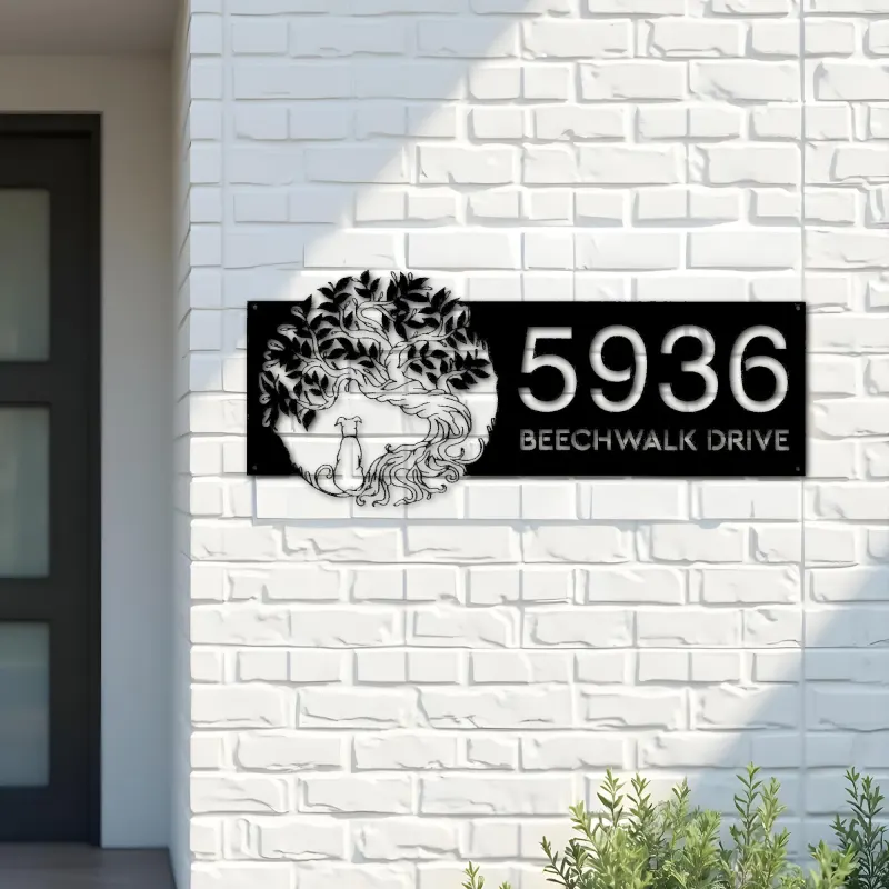 Custom Metal Tree of life with dog Metal Address Sign, House number, Outdoor Number Signage, Yard Sign Address Plate