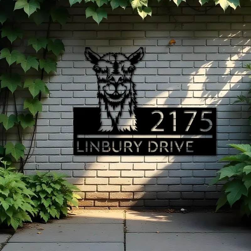 Custom Metal Peeking Llama farm animal ranch Metal Address Sign, House number, Outdoor Number Signage, Yard Sign Address Plate