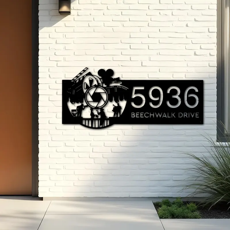 Custom Metal Cinema movie camera Metal Address Sign Custom House number Hanging Address Plaque Yard Sign Outdoor