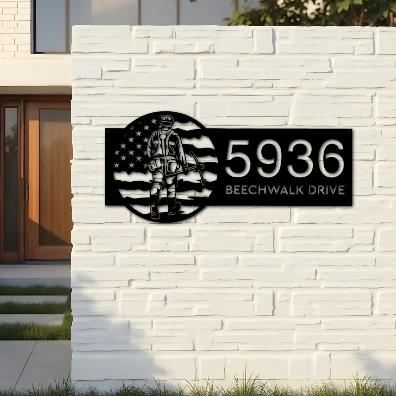 Custom Metal Coal miner on US flag Metal Address Sign, House number, Outdoor Number Signage, Yard Sign Address Plate