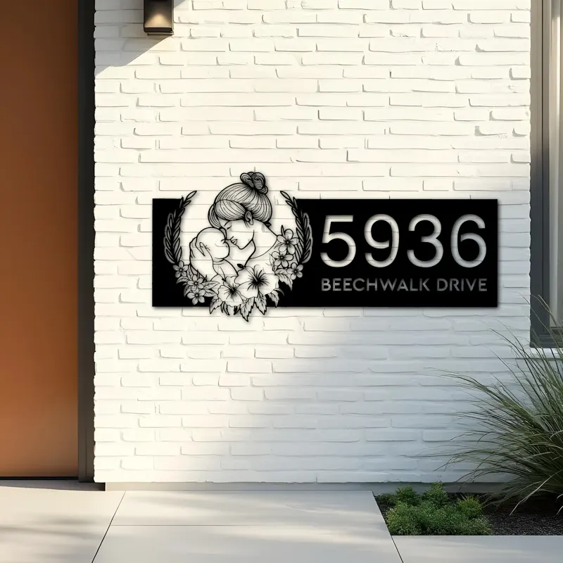 Custom Metal Floral Mom And Baby Metal Address Sign, House number, Outdoor Number Signage, Yard Sign Address Plate