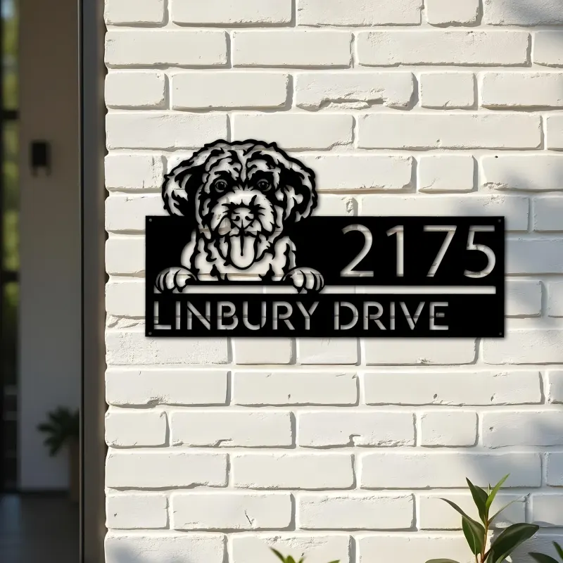 Custom Metal Portuguese Water Dog Cute puppy Metal Address Sign House number Hanging Address Plaque Yard Sign Outdoor decor