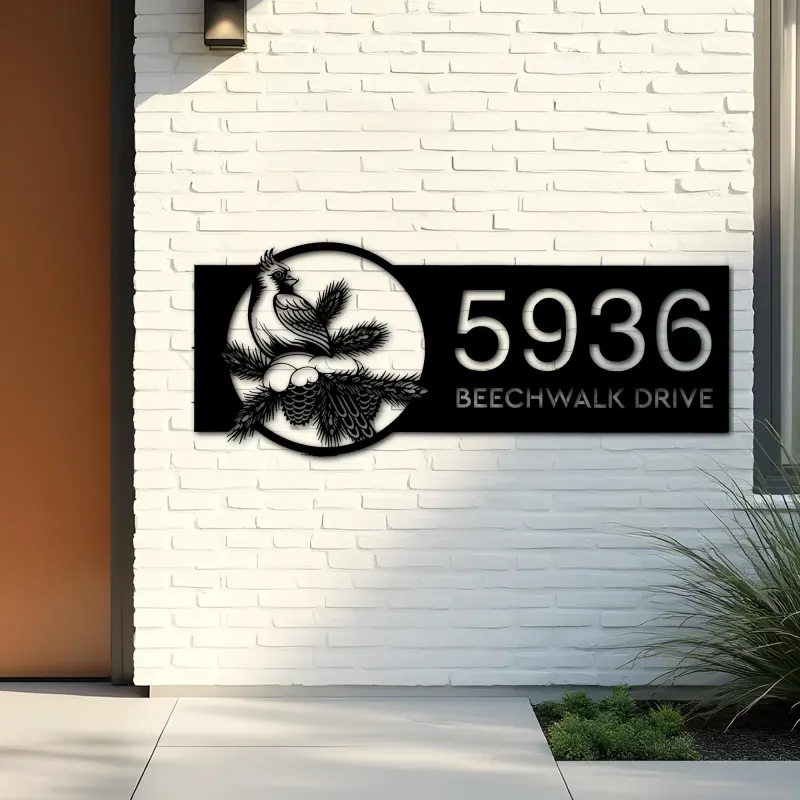 Custom Metal Northern cardinal bird Metal Address Sign, House number, Outdoor Number Signage, Yard Sign Address Plate