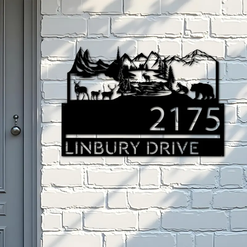 Custom Metal Forest elk deer bear scene Metal Address Sign, House number, Outdoor Number Signage, Yard Sign Address Plate