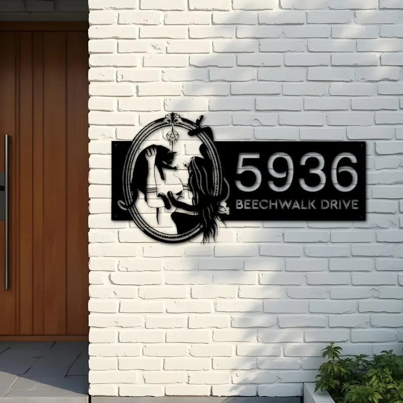 Custom Metal Witch and black cat Metal Address Sign House number Hanging Address Plaque Yard Outdoor Sign