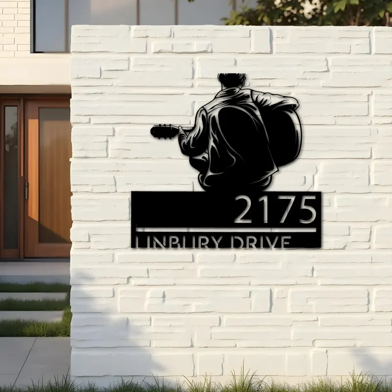 Custom Metal Man playing guitar guitarist Metal Address Sign, House number, Outdoor Number Signage, Yard Sign Address Plate