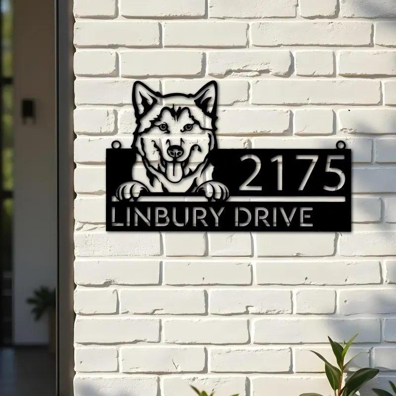 Custom Metal Husky dog Cute puppy Metal Address Sign House number Hanging Address Plaque Yard Sign Outdoor decor