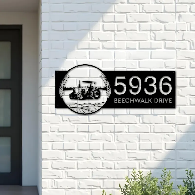 Custom Metal Tractor on farm field Metal Address Sign, House number, Outdoor Number Signage, Yard Sign Address Plate