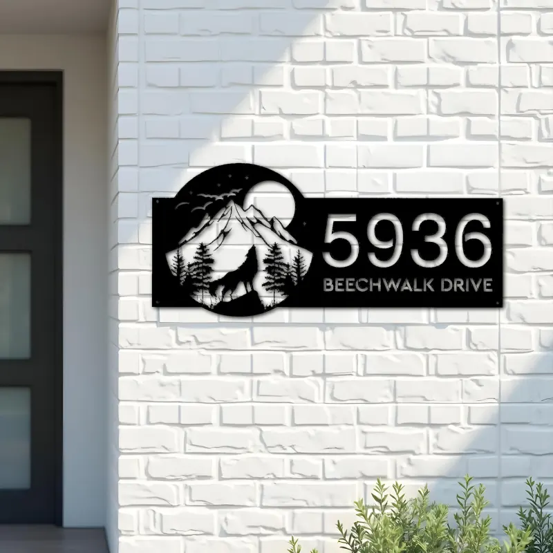 Custom Metal Wolf howling on full moon Metal Address Sign, House number, Outdoor Number Signage, Yard Sign Address Plate002
