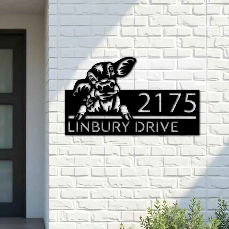 Custom Metal Peeking Calf farm animal ranch Metal Address Sign, House number, Outdoor Number Signage, Yard Sign Address Plate