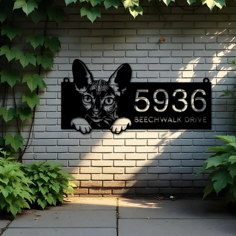 Custom Metal Sphynx Cute peeking cat kitten Metal Address Sign, House number, Outdoor Number Signage, Yard Sign Address Plate