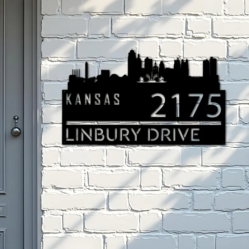 Custom Metal Kansas city skyline Metal Address Sign Hanging Address Plaque house number Yard Outdoor Sign