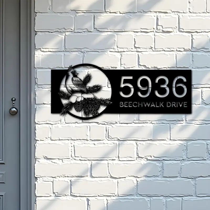 Custom Metal Northern cardinal bird Metal Address Sign, House number, Outdoor Number Signage, Yard Sign Address Plate