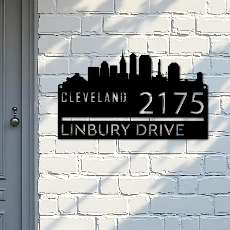 Custom Metal Cleveland city skyline Metal Address Sign Hanging Address Plaque house number Yard Outdoor Sign