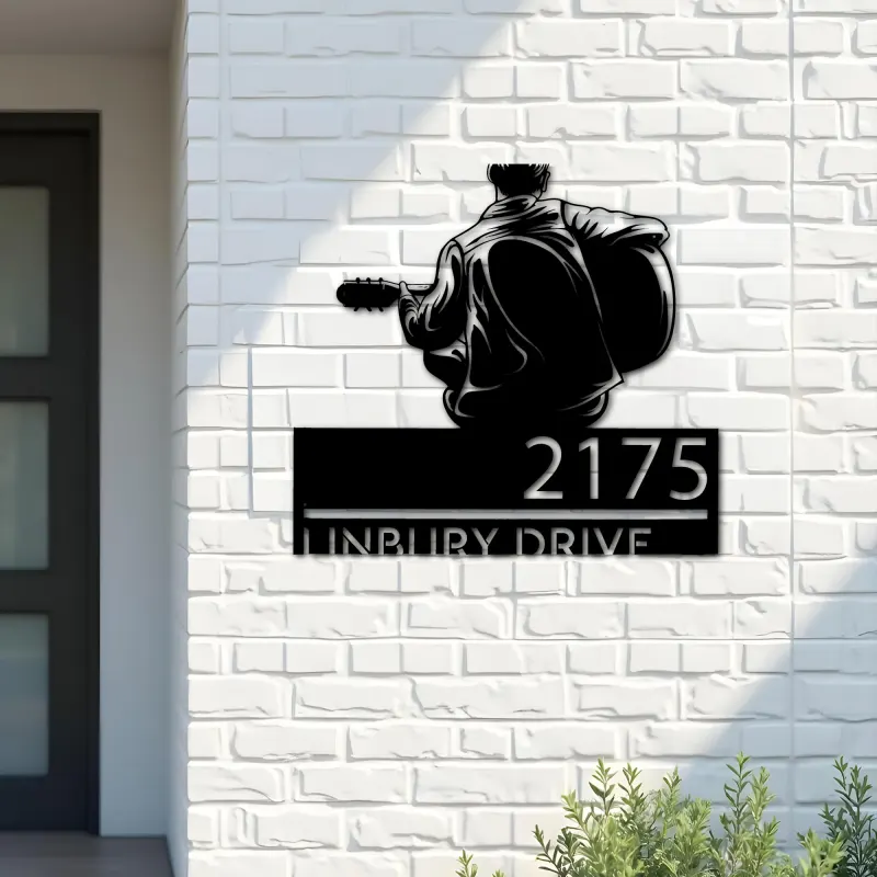 Custom Metal Man playing guitar guitarist Metal Address Sign, House number, Outdoor Number Signage, Yard Sign Address Plate