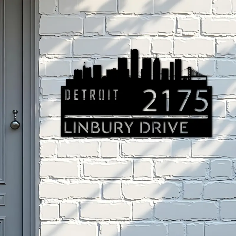 Custom Metal Detroit city skyline Metal Address Sign Hanging Address Plaque house number Yard Outdoor Sign