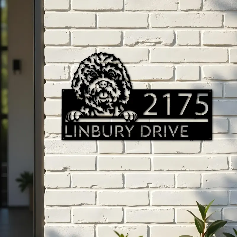 Custom Metal Cavapoo dog Cute Puppy Metal Address Sign House number Hanging Address Plaque Yard Sign Outdoor decor