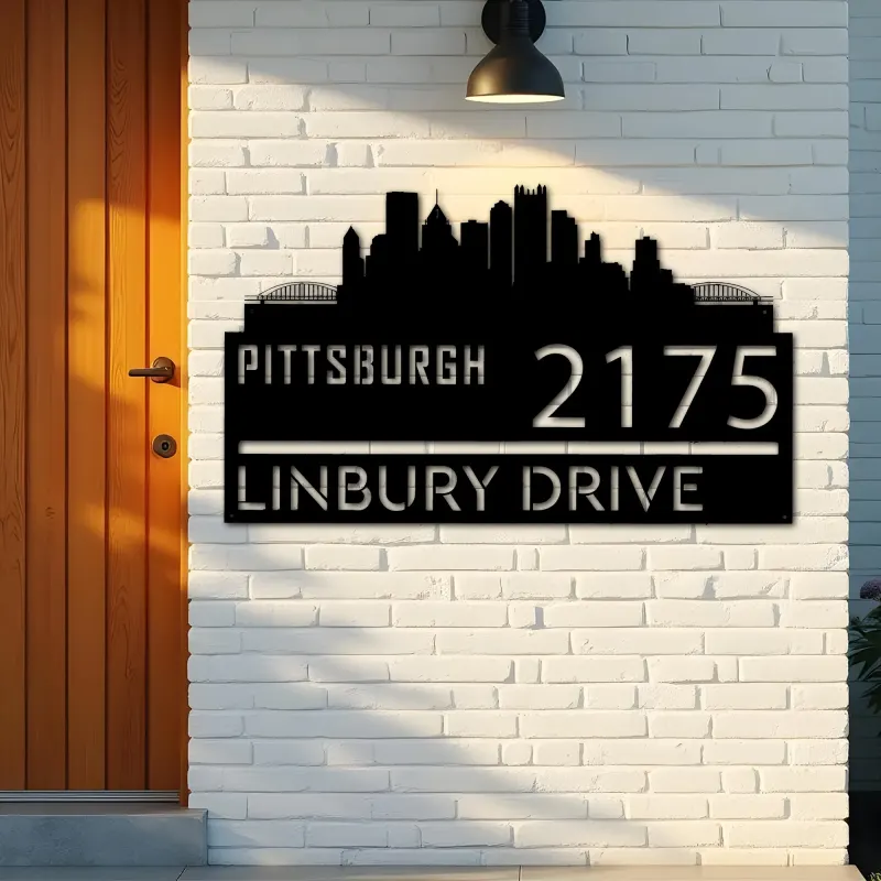 Custom Metal Pittsburgh city skyline Metal Address Sign Hanging Address Plaque house number Yard Outdoor Sign