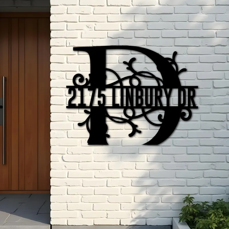 Custom Metal Floral Monogram Split Letter D Metal Address Sign House number Hanging Address Plaque Yard Sign Outdoor decor