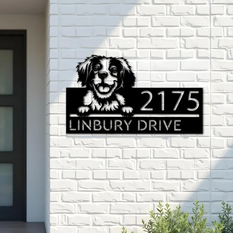 Custom Metal Brittany dog Puppy Metal Address Sign House number Hanging Address Plaque Yard Sign Outdoor decor