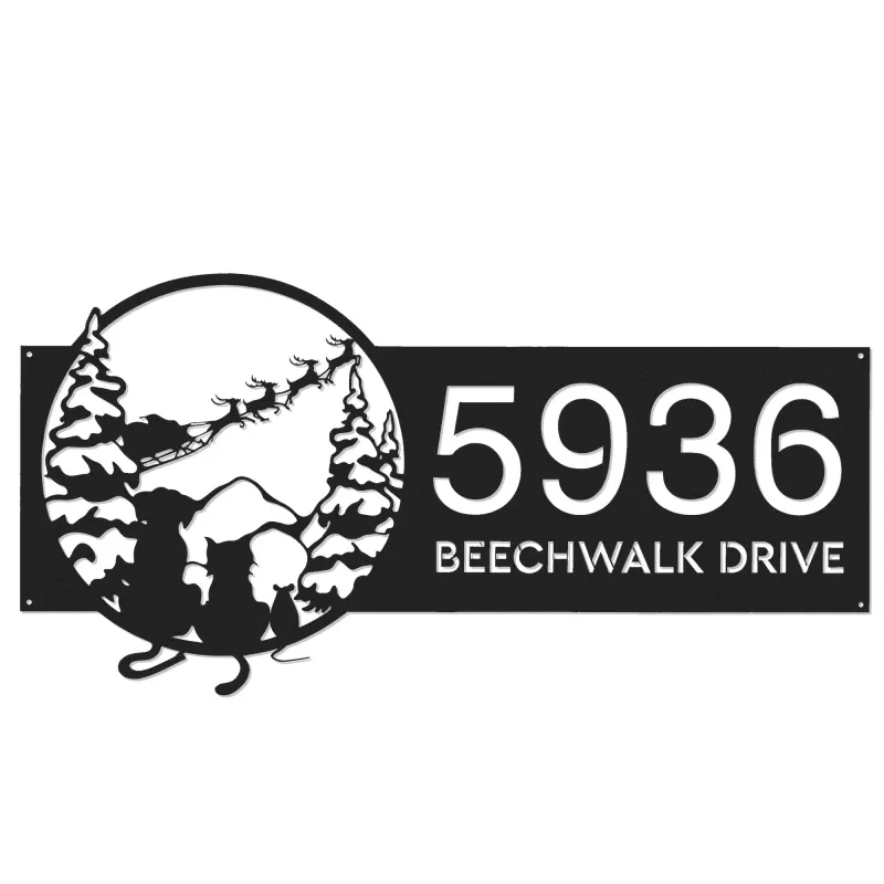 Custom Metal Christmas Dog cat Santa Claus on sleigh Metal Address Sign, House number, Outdoor Number Signage, Yard Sign Address Plate