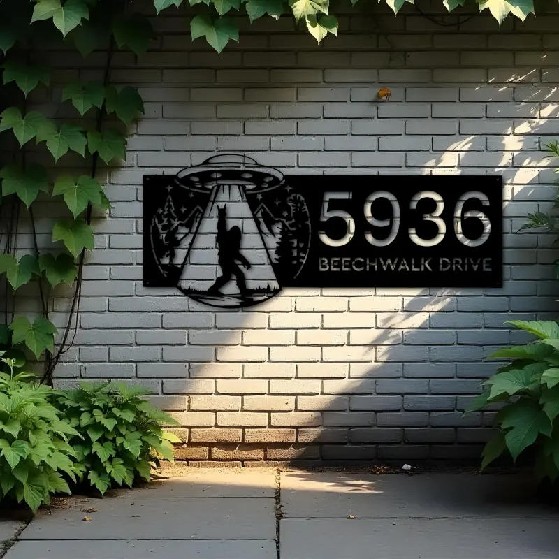 Custom Metal Bigfoot Sasquatch UFO Metal Address Sign, House number, Outdoor Number Signage, Yard Sign Address Plate