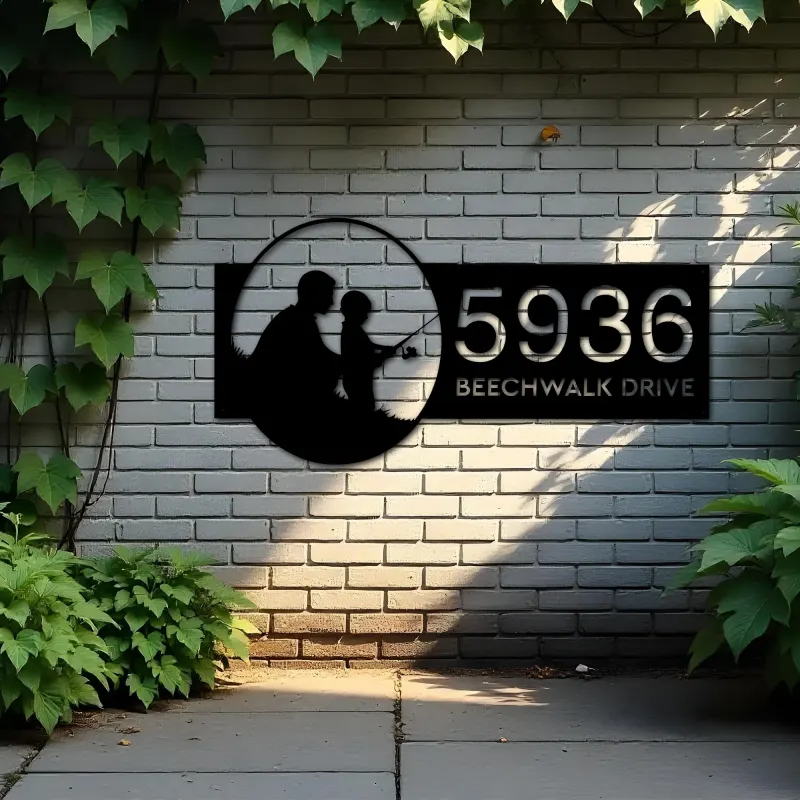 Custom Metal Father and son fishing Metal Address Sign, House number, Outdoor Number Signage, Yard Sign Address Plate