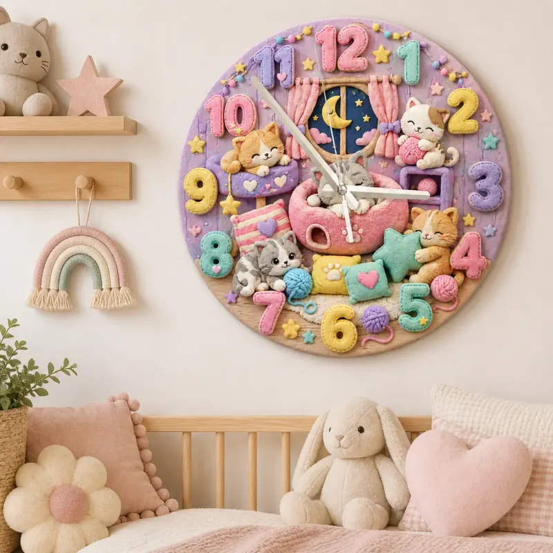 Pastel Sleeping Kittens Kids Room Wall Clock