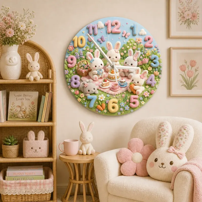 Pastel Bunny Tea Party Kids Room Wall Clock
